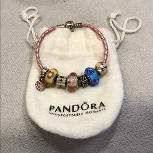 Pandora Pink Leather Braided Bracelet + 7 Charms